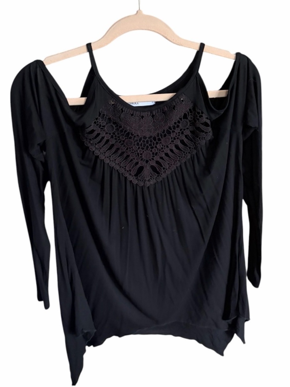 Black Cold-Shoulder Crochet Yoke Blouse